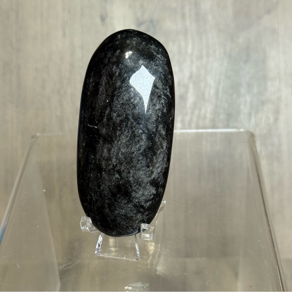 Silver Sheen Black Obsidian Palm Stone W/ Gold Etched Angel Wings Crystal - Picture 6 of 6